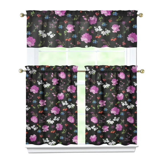 Kitchen Curtains and Valance Set 36 Inch Tier Pioneer Colorful Floral 3 Pieces Set Dining Room Small Curtain Drapes Cafe Curtains Valance for Home Decor Rod Pocket