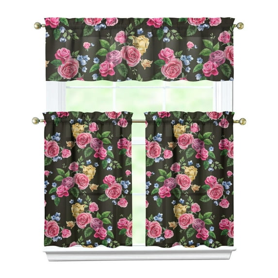 Kitchen Curtains and Valance Set 36 Inch Tier Pioneer Colorful Floral 3 Pieces Set Dining Room Small Curtain Drapes Cafe Curtains Valance for Home Decor Rod Pocket