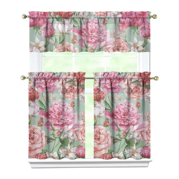 Kitchen Curtains and Valance Set 36 Inch Tier Pioneer Colorful Floral 3 Pieces Set Dining Room Small Curtain Drapes Cafe Curtains Valance for Home Decor Rod Pocket