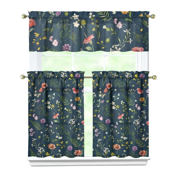 Kitchen Curtains and Valance Set 36 Inch Tier Pioneer Colorful Floral 3 Pieces Set Dining Room Small Curtain Drapes Cafe Curtains Valance for Home Decor Rod Pocket