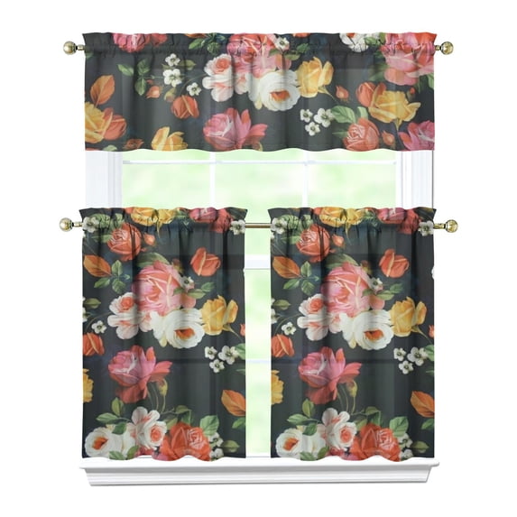 Kitchen Curtains and Valance Set 36 Inch Tier Pioneer Colorful Floral 3 Pieces Set Dining Room Small Curtain Drapes Cafe Curtains Valance for Home Decor Rod Pocket