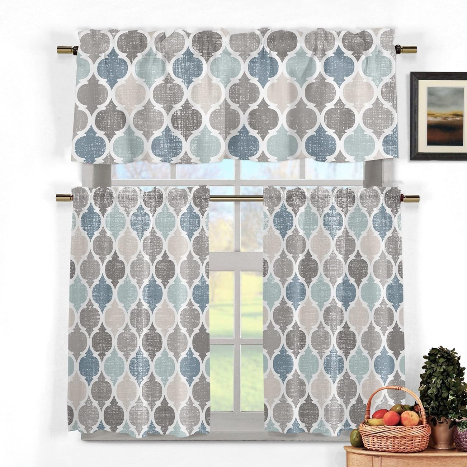 Kitchen Curtains and Valance Set Retro Blue Moroccan Geometric Pattern ...