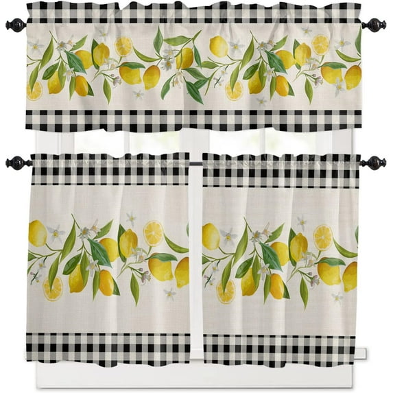 Kitchen Curtains and Valance Set Tier Curtains Rustic Lemons and Flowers Burlap Texture Black White Plaid Semi Sheer Curtains for Living Room, Rod Pocket Tiers and Valances for Windows, 3 Piece Set