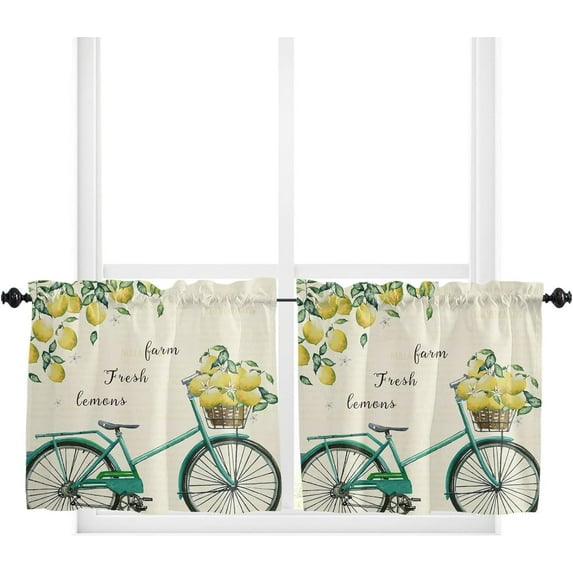Kitchen Curtains and Valance Set Tier Curtains Summer Farm Lemon Bicycle Semi Sheer Curtains for Living Room Rod Pocket Tiers and Valances for Windows 2 Piece Set 27.5"x24"