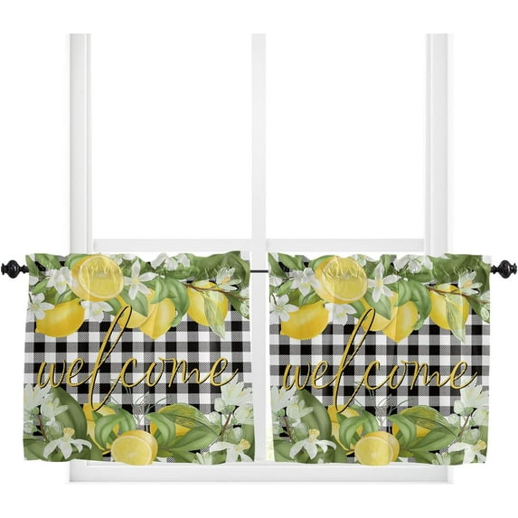 Kitchen Curtains and Valance Set Tier Curtains Summer Lemons Fruits Flowers Leaves Black White Plaid Semi Sheer Curtains for Living Room Rod Pocket Tiers and Valances for Windows 2 Piece Set 27.5"x36"