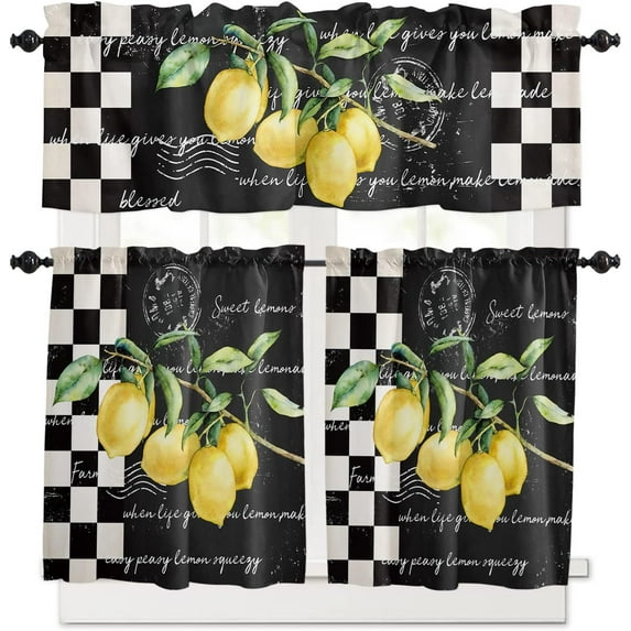 Kitchen Curtains and Valance Set Tier Curtains Vintage Style Black White Plaid Summer Farm Lemons Semi Sheer Curtains for Living Room, Rod Pocket Tiers and Valances for Windows, 3 Piece Set