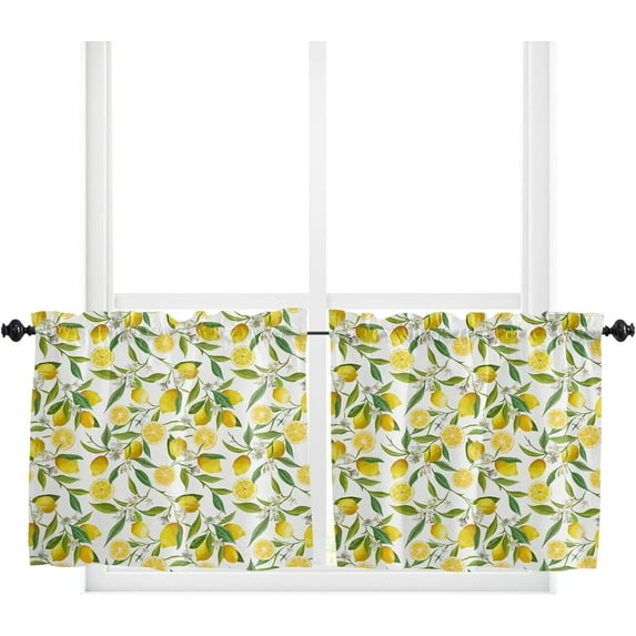 Kitchen Curtains and Valance Set Tier Curtains Yellow Lemons and White Flowers with Green Leaves Semi Sheer Curtains for Living Room Rod Pocket Tiers and Valances for Windows 2 Piece Set 27.5"x24"
