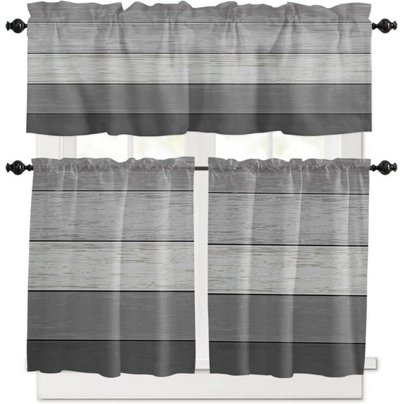 Kitchen Curtains Valance and Tiers 3 Piece Set, Grey Ombre Retro Farm Gradient Wood Grain Short Window Treatments Rod Pocket Tier and Valance for Cafe Laundry Room Bathroom Decor 36-Inch Tier Set