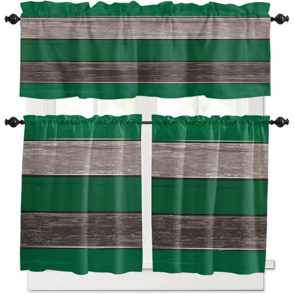 Kitchen Curtains Valance and Tiers 3 Piece Set, Retro Farmhouse Barn Forest Green Brown Wood Grain Short Window Treatments Rod Pocket Tier and Valance for Cafe Laundry Room Bathroom 24-Inch Tier Set