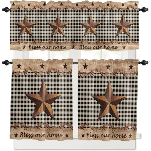 Kitchen Curtains Valance and Tiers 3 Piece Set, Rustic Barn Texas Western Star Berries Red Buffalo Plaid Rod Pocket Short Window Treatments for Cafe Laundry Room Bathroom 24-Inch Tier Set