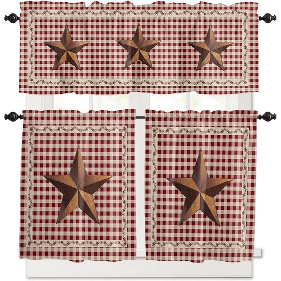 Kitchen Curtains Valance and Tiers 3 Piece Set, Rustic Texas Western Star Berries Red Buffalo Plaid Short Window Treatments Rod Pocket Tier and Valance for Cafe Laundry Room Bathroom 24-Inch Tier Set