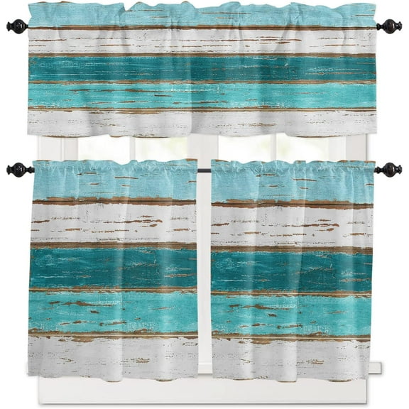 Kitchen Curtains Valance and Tiers 3 Piece Set, Vintage Farm Teal Ocean Aqua Green Blue Wood Grain Short Window Treatments Rod Pocket Tier and Valance for Cafe Laundry Room Bathroom 36-Inch Tier Set