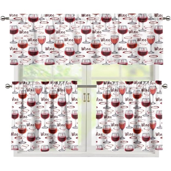 Kitchen Curtains Valance and Tiers Set Wine Cups Print Rod Pocket Modern Style Cafe Bar Window Curtains 3 Piece Set, Easy to Install