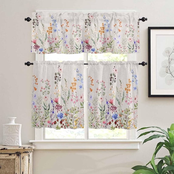 Kitchen Curtains Valances, Flower Bird Plant Spring Summer Fall Floral Short Rod Pocket Valances for Windows for Bedroom, Bathroom, 1 Panel, 42" W x 12" L