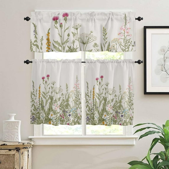 Kitchen Curtains Valances, Flower Bird Plant Spring Summer Fall Floral Short Rod Pocket Valances for Windows for Bedroom, Bathroom, 1 Panel, 42" W x 12" L