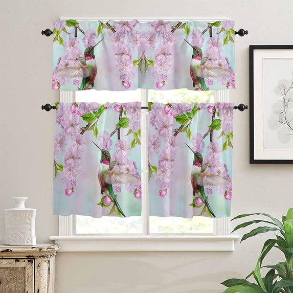 Kitchen Curtains Valances, Flower Bird Plant Spring Summer Fall Floral Short Rod Pocket Valances for Windows for Bedroom, Bathroom, 1 Panel, 42" W x 12" L