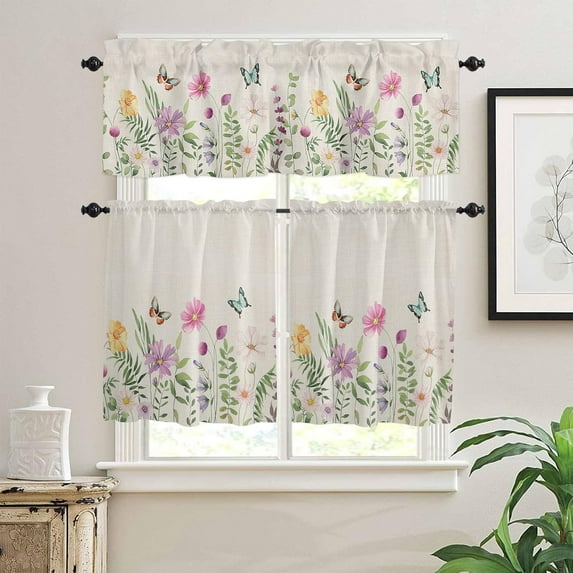 Kitchen Curtains Valances, Flower Bird Plant Spring Summer Fall Floral Short Rod Pocket Valances for Windows for Bedroom, Bathroom, 1 Panel, 42" W x 12" L