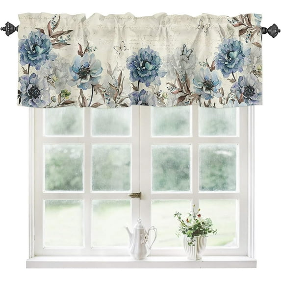 Kitchen Curtains Valances, Flower Butterfly Dragonfly Vintage Blue Floral Spring Summer Short Rod Pocket Valances for Windows for Bedroom, Bathroom, 1 Panel, 54" W x 18" L