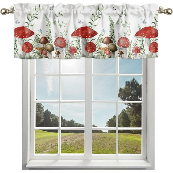 Kitchen Curtains Valances, Red Mushroom Rod Pocket Valances for Windows, Green Wildflower Butterfly White Short Window Valances for Living Room/Bedroom, 54 x 18 Inch