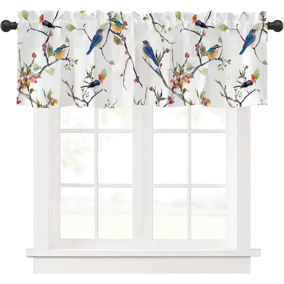 Kitchen Curtains Valances, Rod Pocket Valances for Windows, Small Window Treatment Valances for Window, Living Room, Bedroom, Bathroom, 1 Panel, 54" W x 18" L, Branch Bird