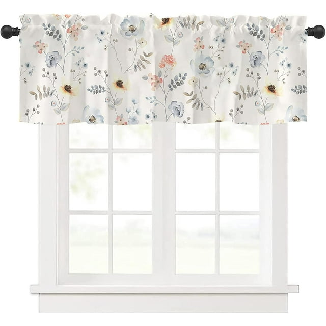 Kitchen Curtains Valances, Rod Pocket Valances for Windows, Small Window Treatment Valances for Window, Living Room, Bedroom, Bathroom, 1 Panel, 54" W x 18" L, Simple Flowers
