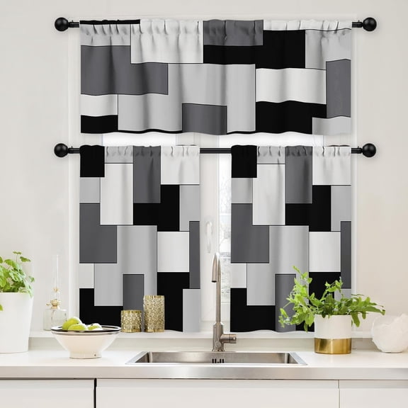 Kitchen Curtains and Valances Set 3 Piece Curtains 36 Inch Length Black Grey Geometric Modern Abstract Art Window Treatment Tiers for Bathroom, Abstract Small Cafe Curtains for Living Room