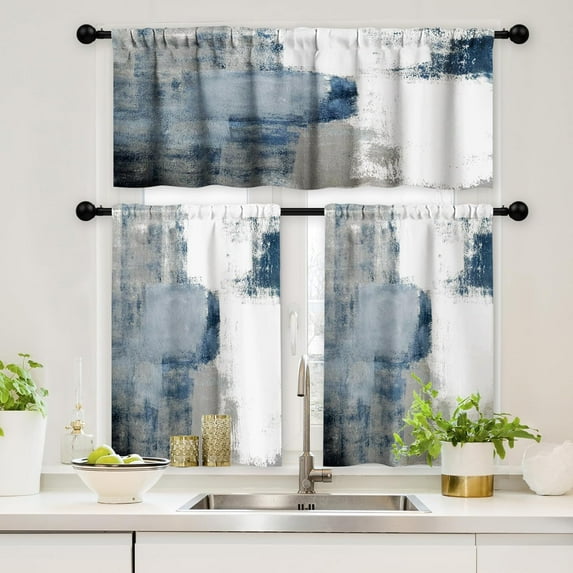 Kitchen Curtains and Valances Set 3 Piece Kitchen Curtains 36 Inch Length Small Kitchen Window Curtains Over Sink Blue Grey Modern Abstract Art Window Treatment Tiers for Window Decor, Blue
