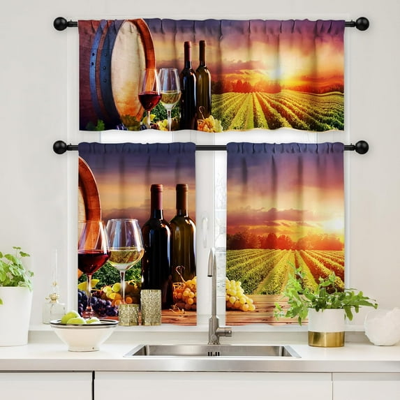 Kitchen Curtains and Valances Set 3 Piece Kitchen Curtains 36 Inch Length Window Curtains,Wine Kitchen Curtains, Glasses of Red and White Wine for Farmhouse Kitchen Vintage