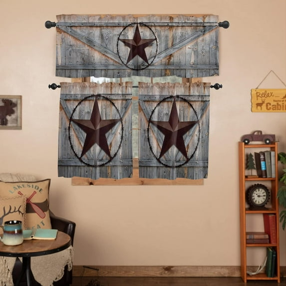 Kitchen Curtains and Valances Set, 3 Pieces Rod Pocket Tier Curtains Farm Country Star on Wooden Door Small Window Valance Sets Treatment Drapes Rural Wood Barn