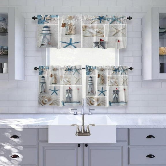 Kitchen Curtains and Valances Set, 3 Pieces Rod Pocket Tier Curtains Summer Marine Life Starfish Lighthouse Sailboat Small Window Valance Sets Treatment Drapes Ocean Beach