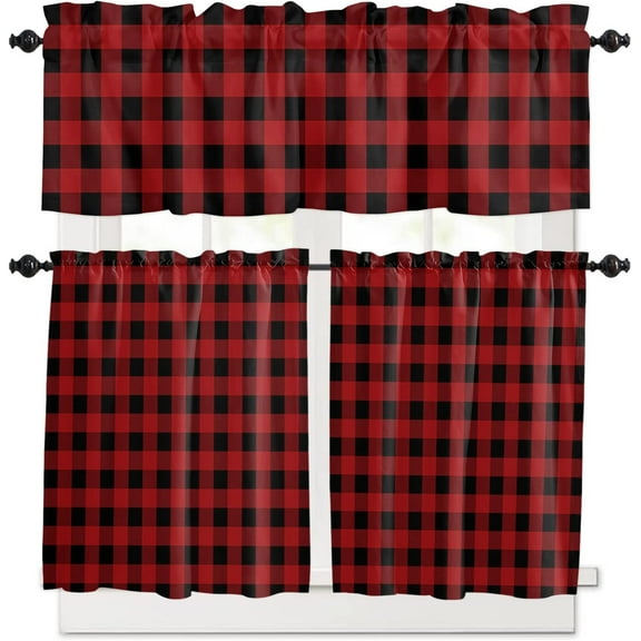 Kitchen Curtains and Valances Set, Black Red Buffalo Plaid Checked Rod Pocket Window Valance 18 Inch Window Curtain Panels for Living Room Bedroom Laundry, 27.5x24in, 3 Pieces