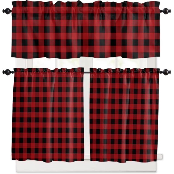 Kitchen Curtains and Valances Set, Black Red Buffalo Plaid Checked Rod Pocket Window Valance 18 Inch Window Curtain Panels for Living Room Bedroom Laundry, 27.5x24in, 3 Pieces