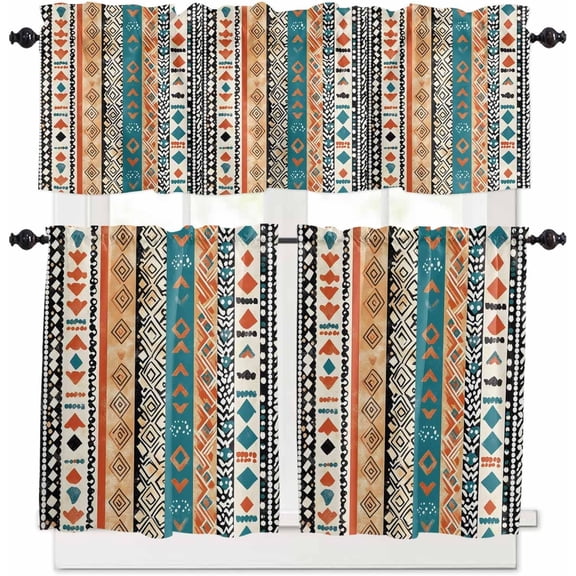 Kitchen Curtains and Valances Set, Bohemian Patterns Coloed Seamless Stitching Rod Pocket Window Valance 18 Inch Window Curtain Panels for Living Room Bedroom Laundry, 27.5x24in, 3 Pieces