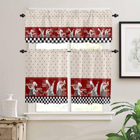 Kitchen Curtains and Valances Set, Fat Chef Cooking Curtains Tier Farmhouse Rod Pocket Half Window Curtain 24 Inch Length, 3 Piece Kitchen Curtain Set Abstract Geometric Rustic Backdrop