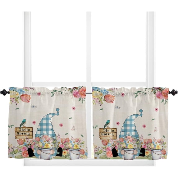 Kitchen Curtains and Valances Set, Flower Butterfly Dragonfly Vintage Blue Floral Spring Summer Short Rod Pocket 3 Pieces Window Curtain Set for Bedroom, Bathroom, 24 Inch Long