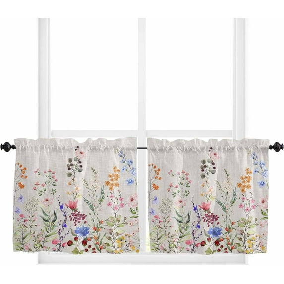 Kitchen Curtains and Valances Set, Flower Butterfly Dragonfly Vintage Blue Floral Spring Summer Short Rod Pocket 3 Pieces Window Curtain Set for Bedroom, Bathroom, 24 Inch Long