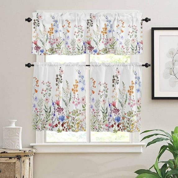 Kitchen Curtains and Valances Set, Flower Leaves Spring Colorful Floral Summer Farm Short Rod Pocket 3 Pieces Window Curtain Set for Bedroom, Bathroom, 36 Inch Long