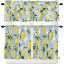 Kitchen Curtains and Valances Set, Lemon White Flowers Blue Backdrop Rod Pocket Window Valance 18 Inch Window Curtain Panels for Living Room Bedroom Laundry, 27.5x24in, 3 Pieces