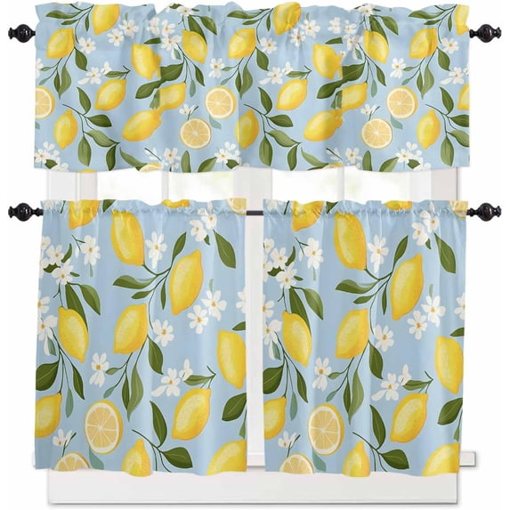 Kitchen Curtains and Valances Set, Lemon White Flowers Blue Backdrop Rod Pocket Window Valance 18 Inch Window Curtain Panels for Living Room Bedroom Laundry, 27.5x24in, 3 Pieces