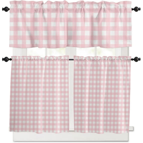 Kitchen Curtains and Valances Set, Pink Buffalo Plaid Rod Pocket Window Valance 18 Inch Window Curtain Panels for Living Room Bedroom Laundry, 27.5x24in, 3 Pieces
