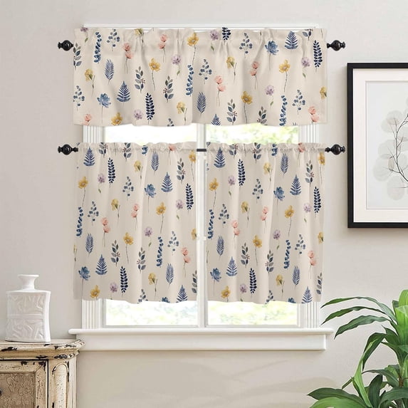 Kitchen Curtains and Valances Set, Spring Flower Leaves Plant Wildflowers Summer Short Rod Pocket 3 Pieces Window Curtain Set for Bedroom, Bathroom, 24 Inch Long