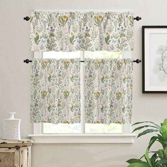 Kitchen Curtains and Valances Set, Spring Flower Leaves Vintage Spring Dandelion Floral Wildflowers Short Rod Pocket 3 Pieces Window Curtain Set for Bedroom, Bathroom, 24 Inch Long