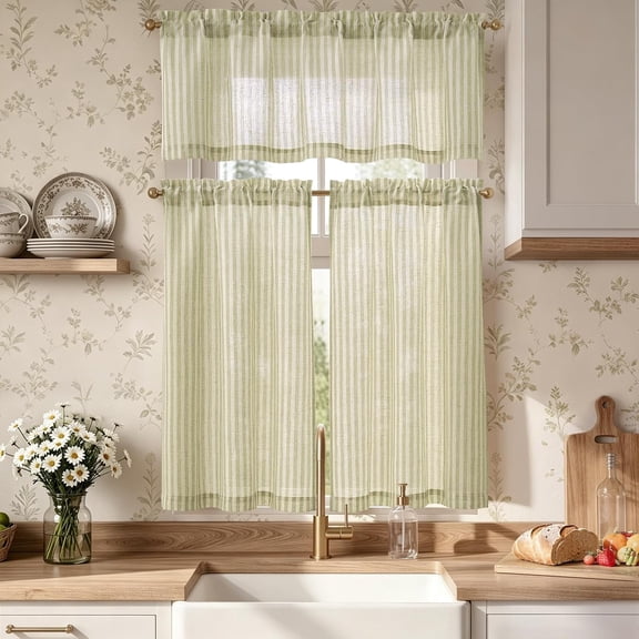 Kitchen Curtains and Valances Set Striped Tier Curtains Ticking Stripe Linen Curtains Pinstripe Cafe Curtains 36 Inch Living Room Bathroom Farmhouse 3 Pieces Set Rod Pocket Sage Green on Beige