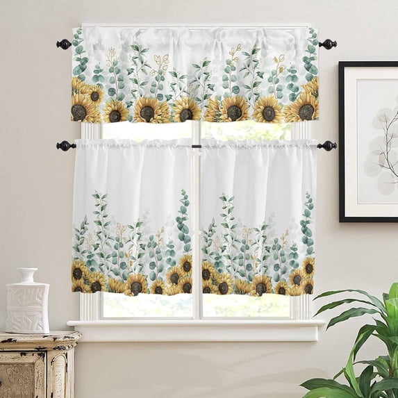 Kitchen Curtains and Valances Set, Sunflower Eucalyptus Leaves Summer Farm Watercolor Plant Floral Short Rod Pocket 3 Pieces Window Curtain Set for Bedroom, Bathroom, 24 Inch Long