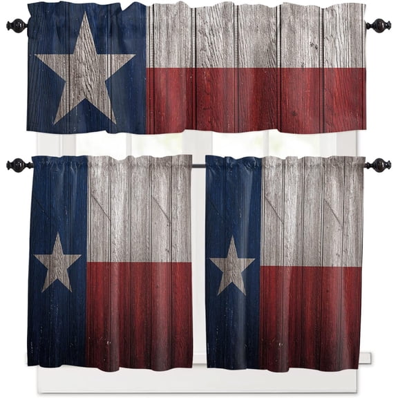 Kitchen Curtains and Valances Set Tier Curtains Living Room Bedroom Bathroom Farmhouse 3 Piece Set Rod Pocket,Western Texas Star on Rustic Wooden Plank