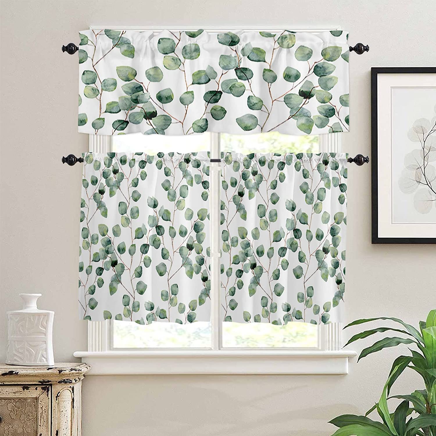 Kitchen Curtains and Valances Set,Watercolor Eucalyptus Vine Leaves
