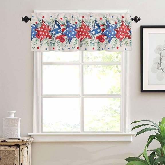 Kitchen Curtains Valances for Small Windows, 4th of July Stars Short Curtain Valance for Living Room, American Patriotic Independence Day Red Blue Stars Rod Pocket Blinds Window Drapes 54x18 Inch