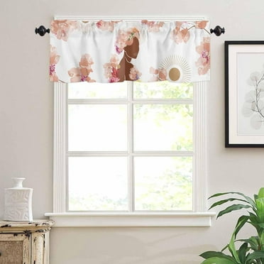 Kitchen Curtains Valances for Small Windows, Boho Beige Short Curtain Valance for Living Room, Flower Plant Burlap Rod Pocket Blinds Window Printed Drapes 1 Panel 54x18 Inch