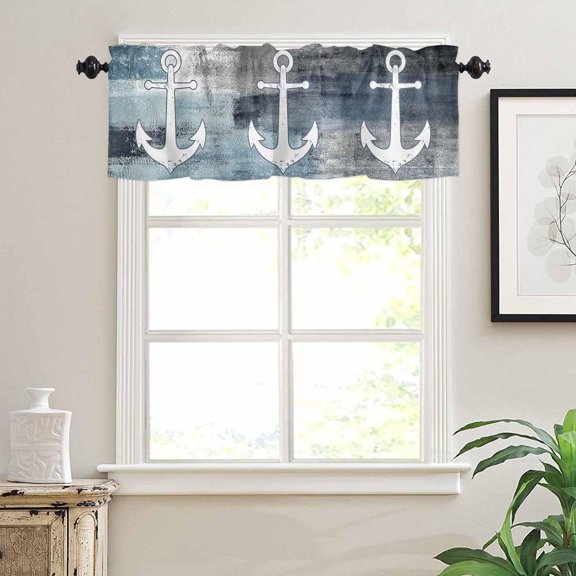 Kitchen Curtains Valances for Small Windows, Graffiti Abstract Oil Painting Short Curtain Valance for Living Room, Vintage Anchor Blue Rod Pocket Blinds Window Printed Drapes 1 Panel 54x18 Inch