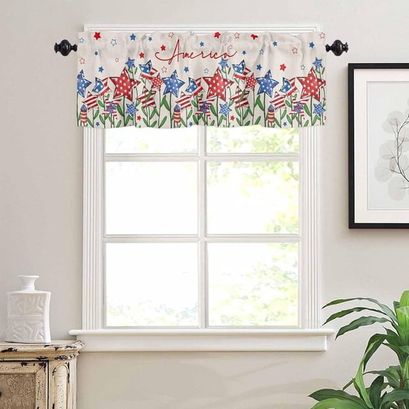 Kitchen Curtains Valances for Small Windows, Independence Day Short Curtain Valance for Living Room, American Flag Star and Flowers Burlap Rod Pocket Blinds Window Printed Drapes 1 Panel 54x18 Inch